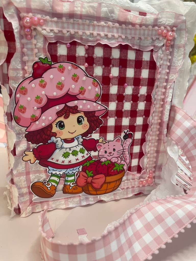 Strawberry Shortcake cover detail with pearl trim and gingham